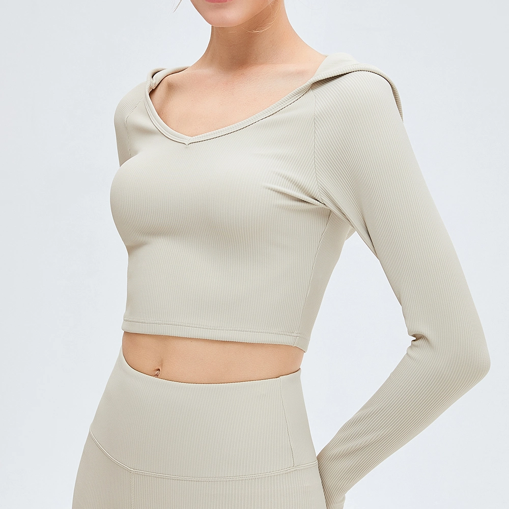 Women′ S Stretch Cutout Yoga Sports Tee Long Sleeve Crop Top T Shirts Hooded Thumb Holes